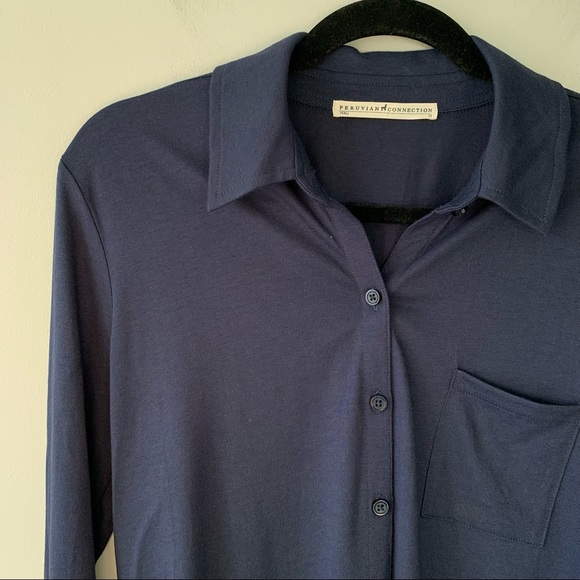 NEW Peruvian Connection Jersey Knit Button-Down Shirt Navy M - Picture 5 of 6